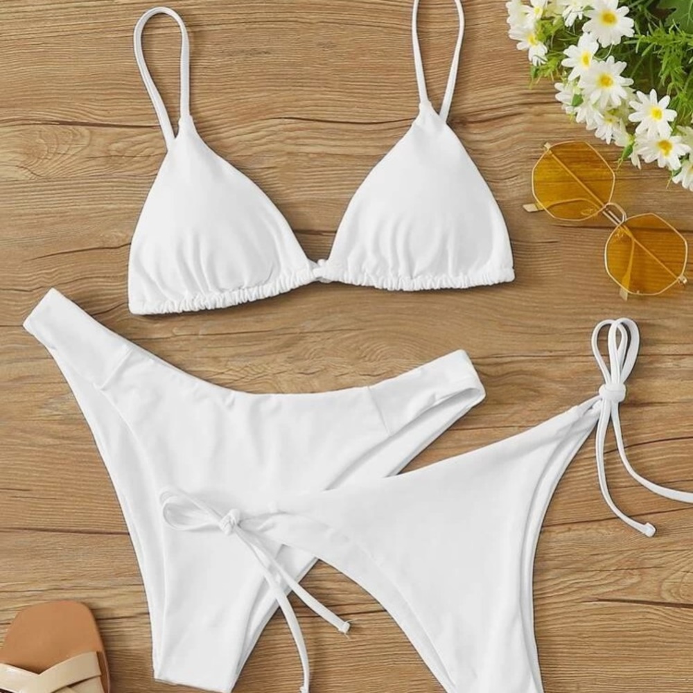 white triangle bikini set with 2 bottoms